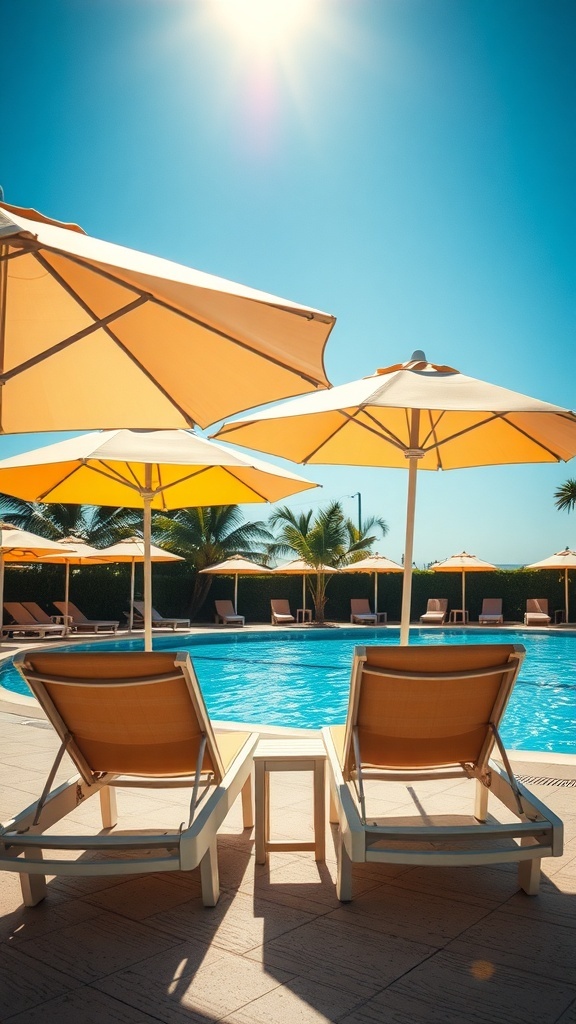 Chic lounge chairs with yellow umbrellas by a pool