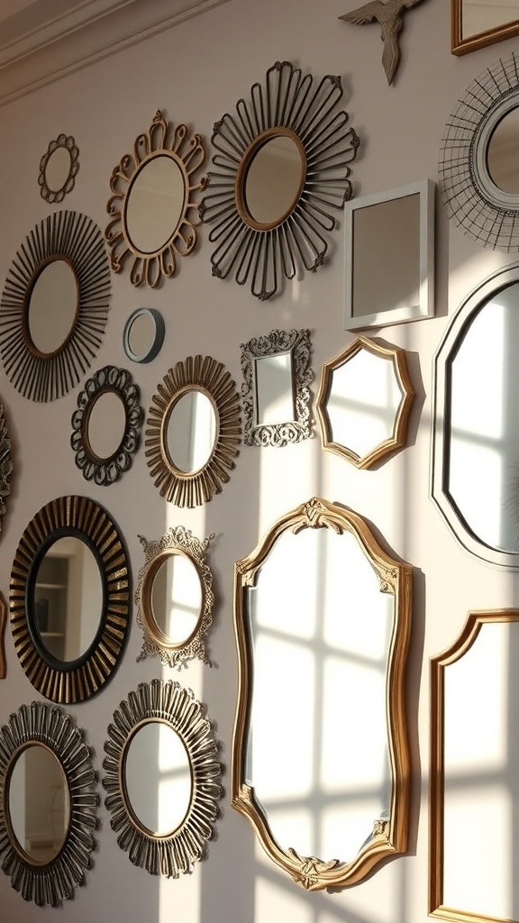 A gallery wall featuring various decorative mirrors in different shapes and sizes.