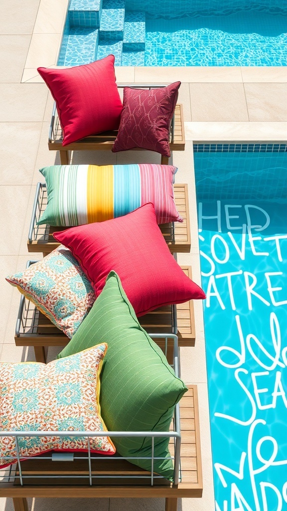 Colorful poolside cushions on lounge chairs beside a swimming pool