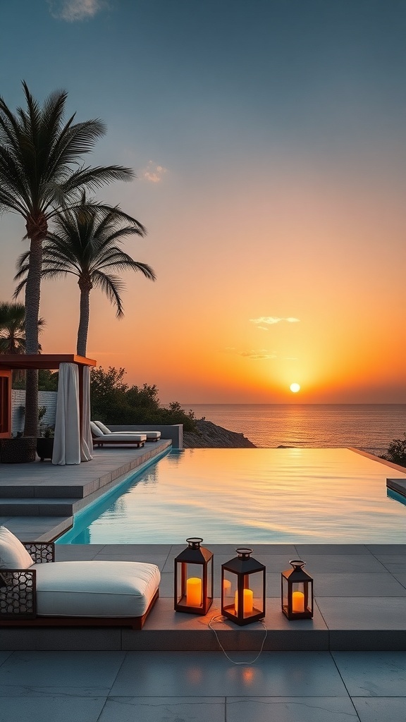 Chic poolside decor with lanterns and sunset view