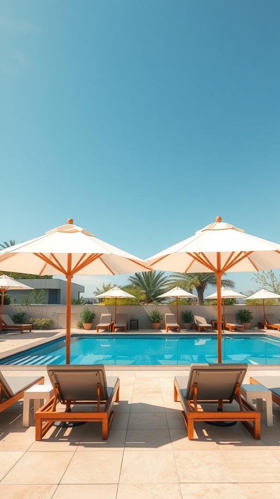 Chic poolside umbrellas providing shade over lounge chairs by a swimming pool