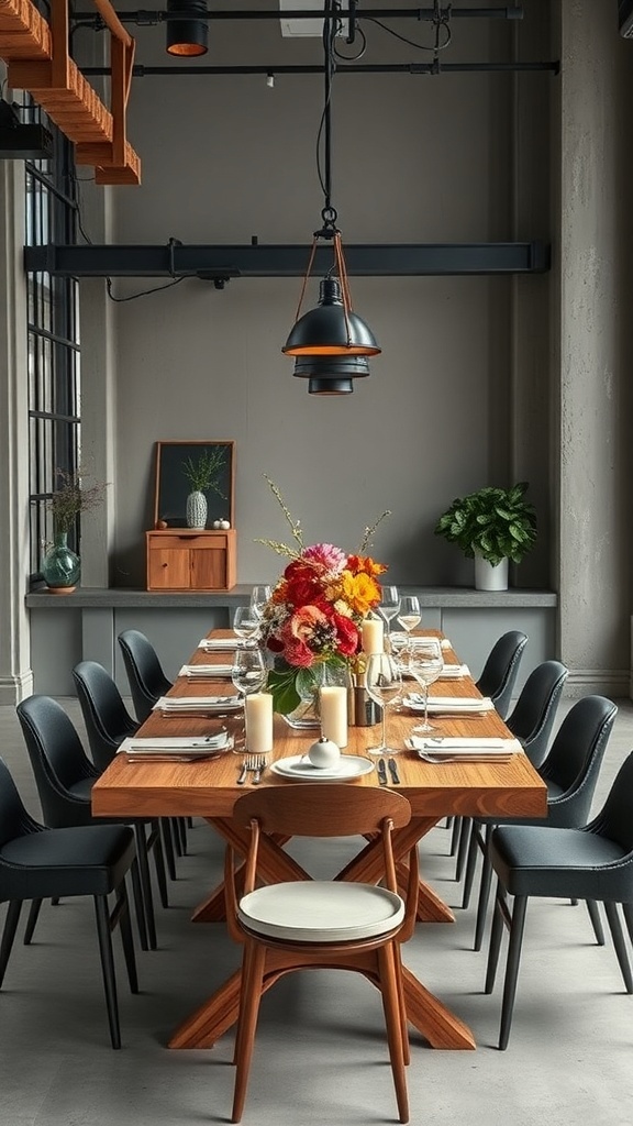 A stylish urban loft dining table set with a wooden table, black chairs, vibrant flowers, and candles.