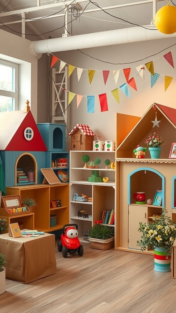 Colorful cardboard playhouses and toys in a bright playroom.