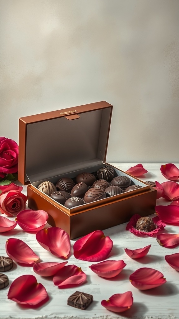 A still life painting of an open chocolate box surrounded by rose petals.