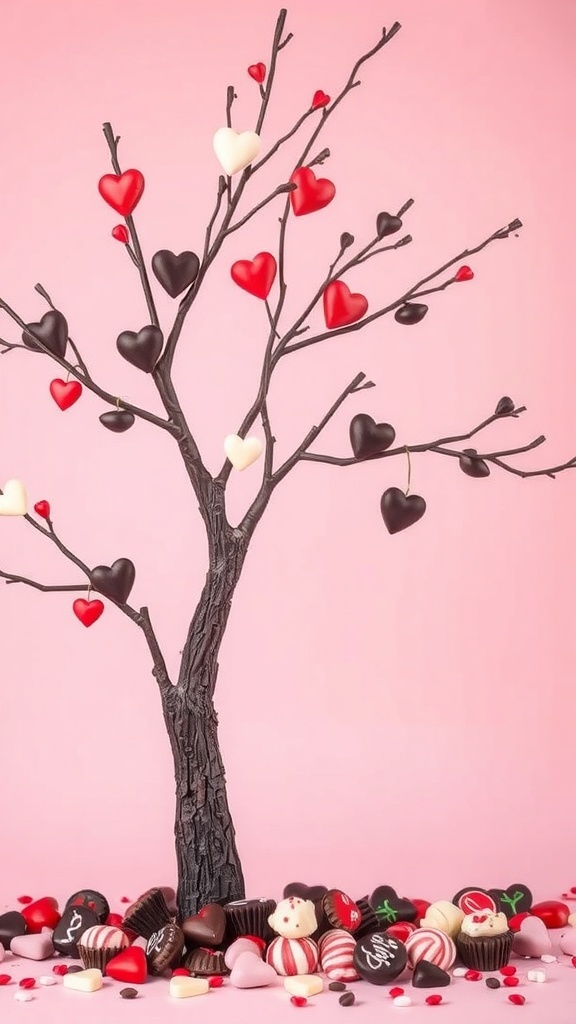 A decorative tree with heart-shaped chocolates in red, pink, and black, surrounded by various candies.