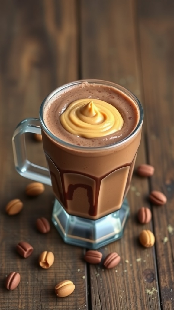 A delicious chocolate peanut butter low carb smoothie topped with a swirl of peanut butter.