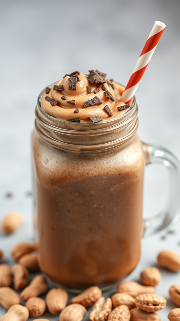 A delicious chocolate peanut butter protein smoothie topped with whipped cream and chocolate shavings, served in a glass jar with a straw.