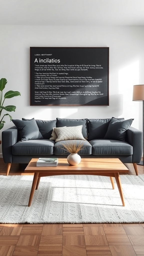 A dark grey sofa with a wooden coffee table in a bright living room.