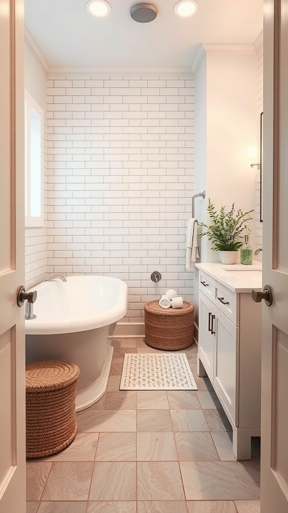 Small master bath with a bathtub, tiled walls, and a stylish floor.