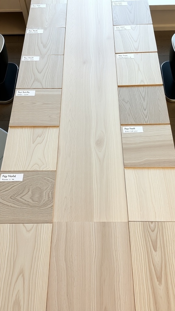 Samples of different light wood species for flooring.
