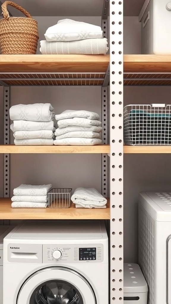 Organized laundry room shelves with wooden and metal elements, featuring neatly folded towels and a woven basket.