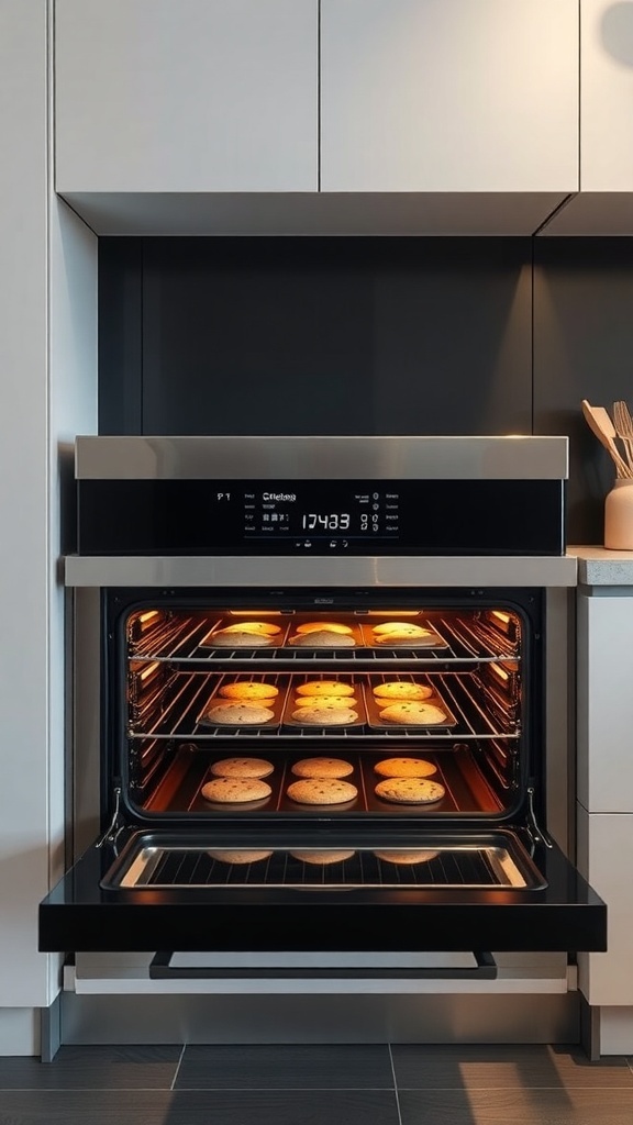 A modern oven with cookies baking inside, showcasing multiple racks and a sleek design.