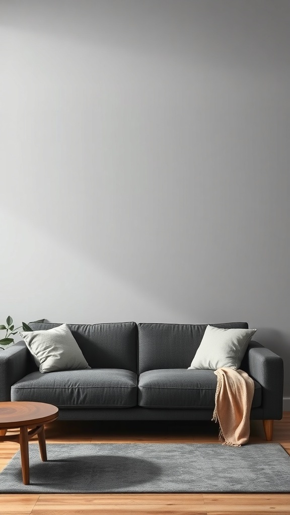 A dark grey sofa with light pillows and a wooden coffee table in a minimalist living room.