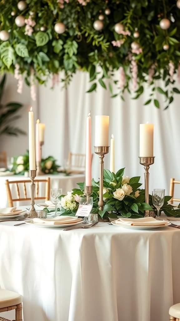 A beautifully arranged tablescape with a white tablecloth, green foliage, white and pink candles, and elegant tableware.