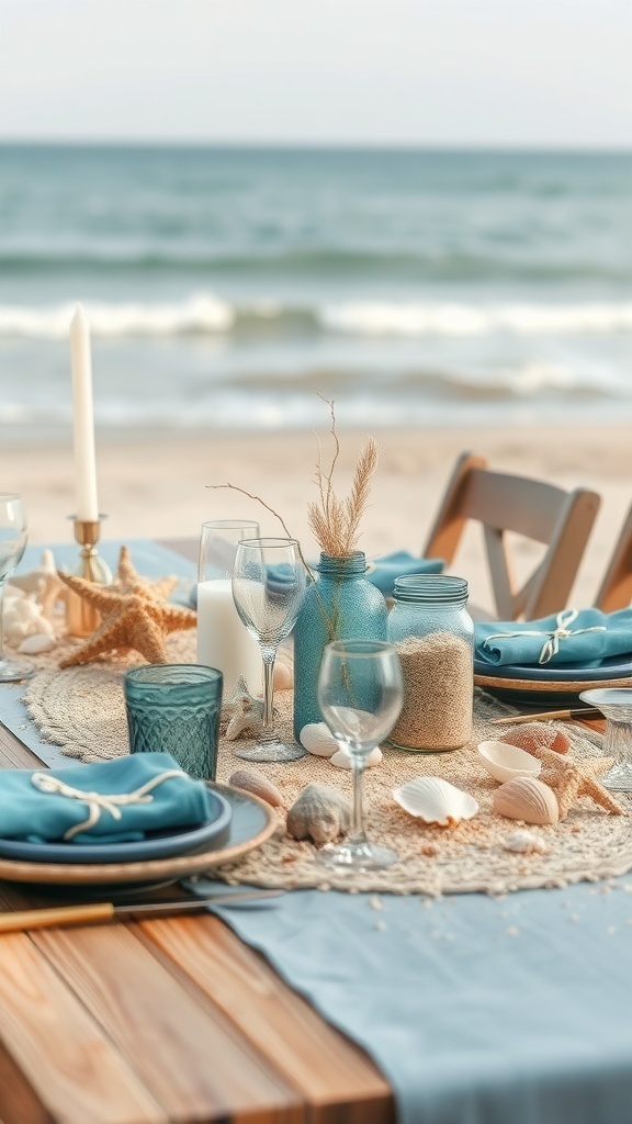 A coastal tablescape featuring a blue tablecloth, glassware, seashells, and candles, set against a beach backdrop.