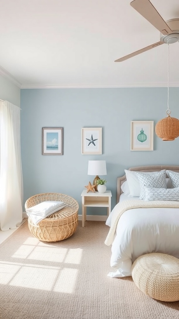 A cozy beach-themed bedroom with light blue walls, a comfortable bed, and natural decor.