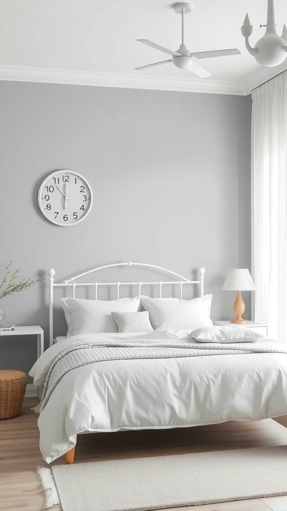 A serene grey bedroom with white bedding and natural light