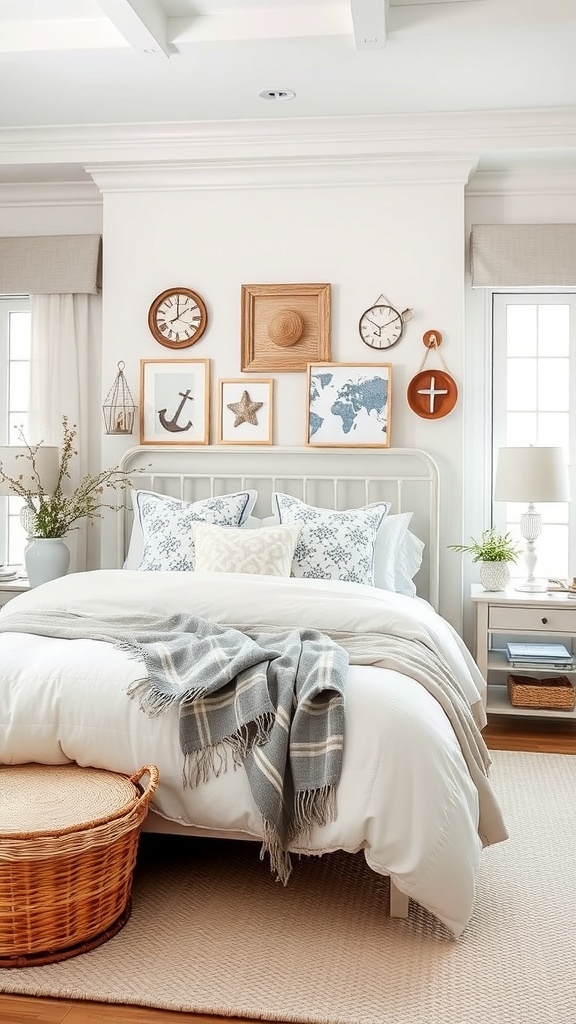A cozy coastal-themed grey bedroom with white linens, nautical decor, and natural textures.
