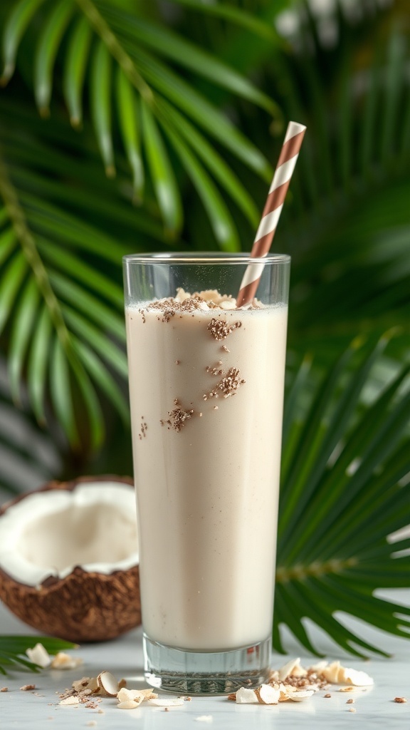 A refreshing Coconut Almond Chia Smoothie in a tall glass with a striped straw, surrounded by tropical leaves.