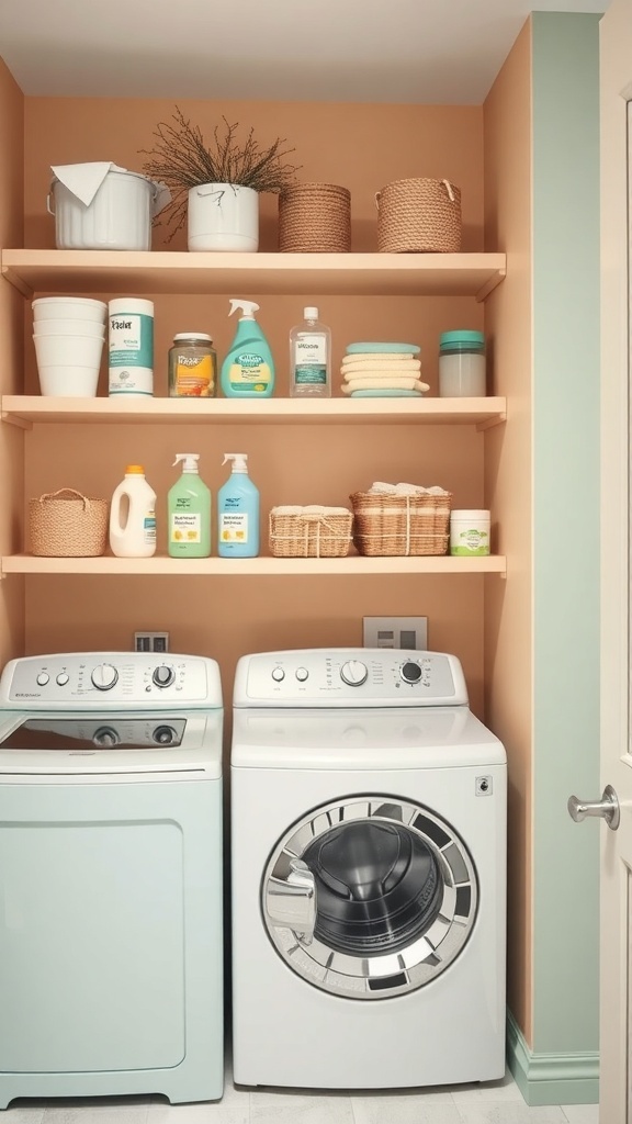 Organized laundry room shelves with cleaning supplies and storage baskets