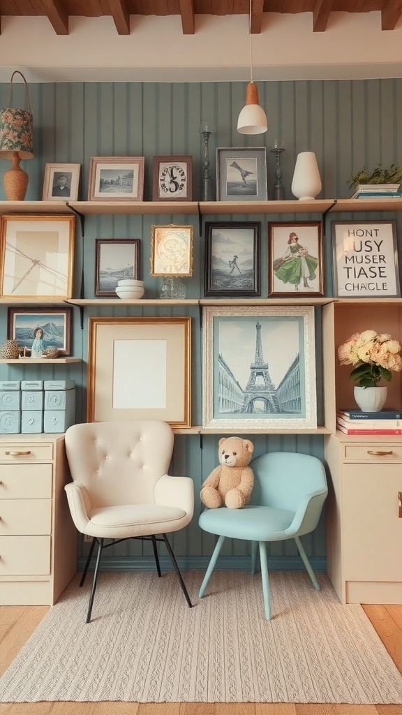 A vintage shop display featuring pastel chairs, framed pictures, and decorative items on shelves.