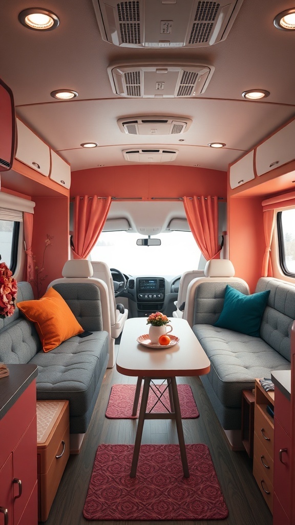 Cozy RV interior with coral walls, gray seating, and colorful pillows