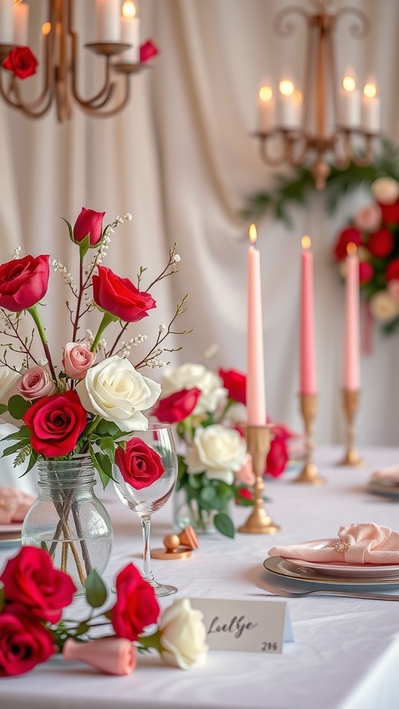 A beautifully set Valentine's table with pink and red roses, candles, and elegant tableware.