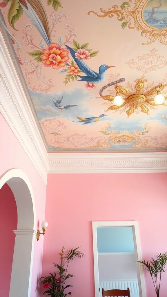 Colorful ceiling design with floral and bird motifs in a pink room.