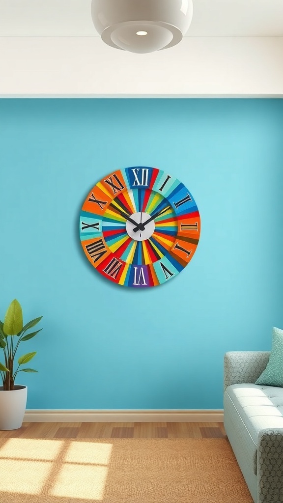 Colorful wall clock on a blue wall in a living room setting.
