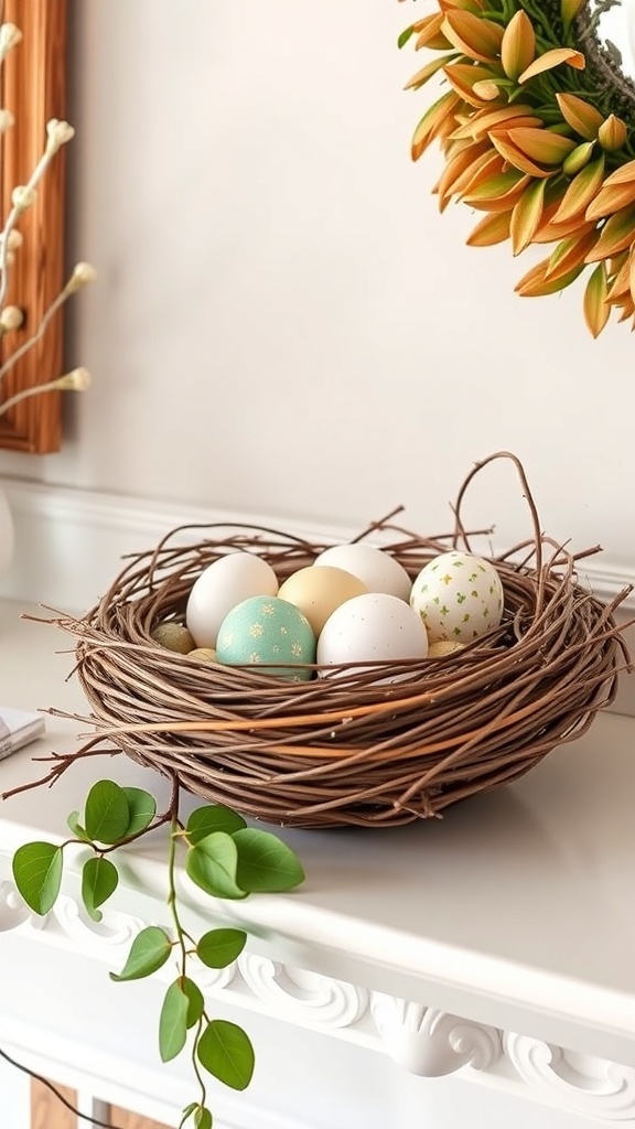 A decorative nest with colorful eggs on a mantle, surrounded by greenery.