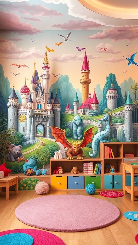 Colorful fantasy landscape wallpaper featuring a castle, dragons, and playful creatures
