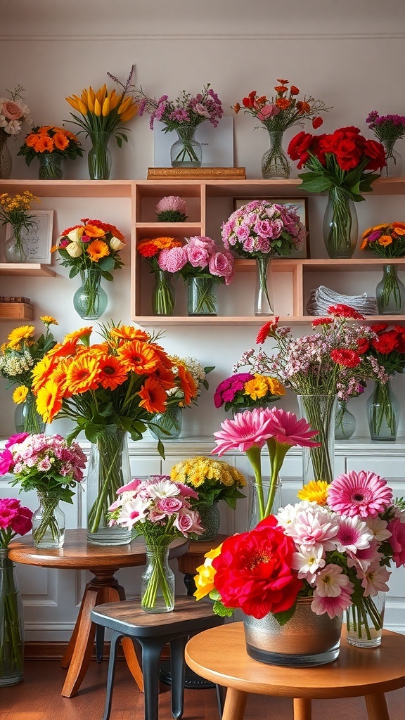A room filled with colorful flower bouquets in various vases on wooden tables and shelves.
