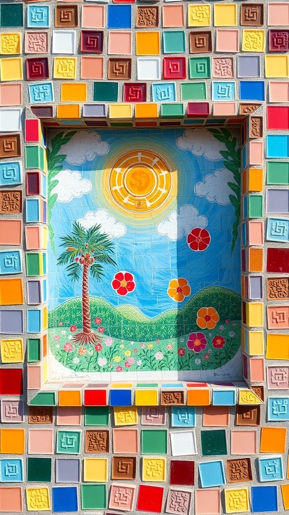 Colorful mosaic picture frame with a sunny landscape painting inside