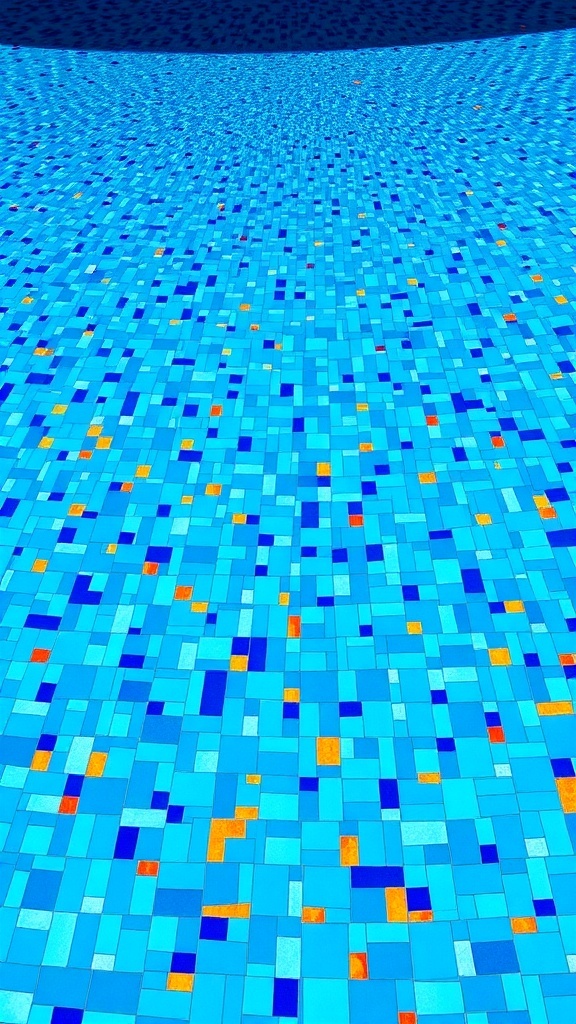 A close-up view of colorful mosaic tiles in a swimming pool, featuring various shades of blue, orange, and white.
