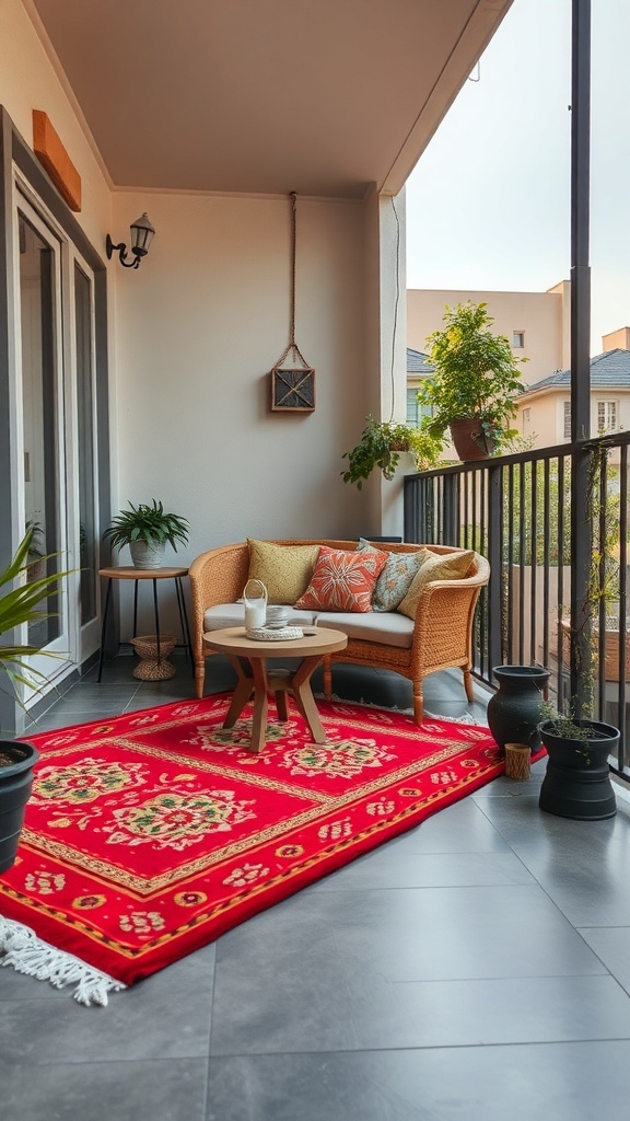 A cozy balcony featuring a colorful red outdoor rug, wicker seating, and potted plants.