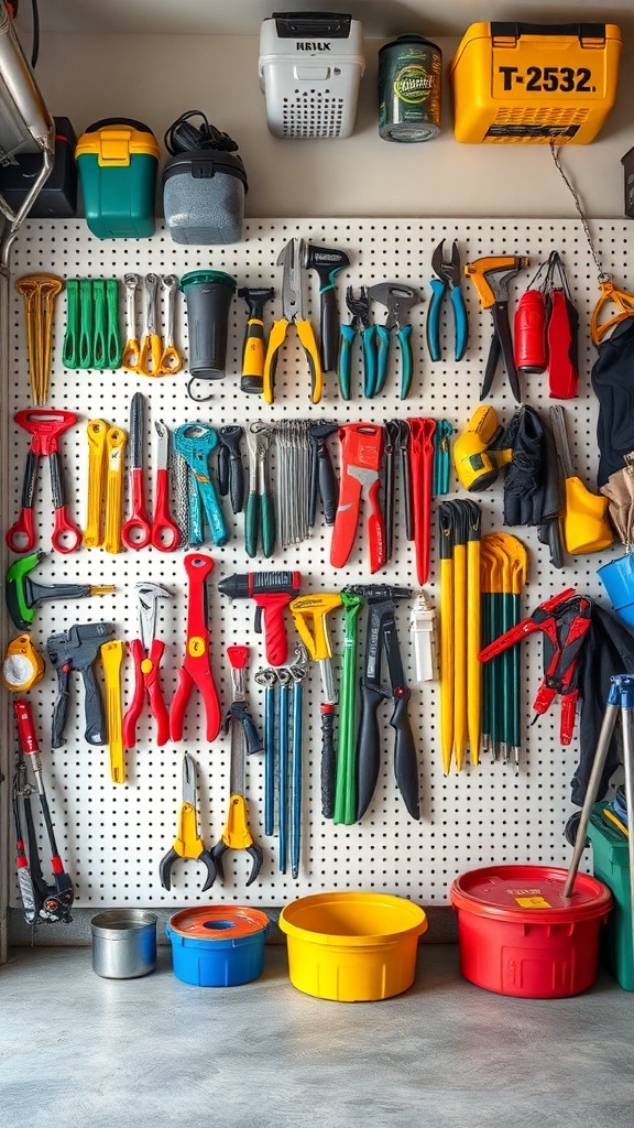 Colorful pegboard organizers with various tools and containers in a garage setting.