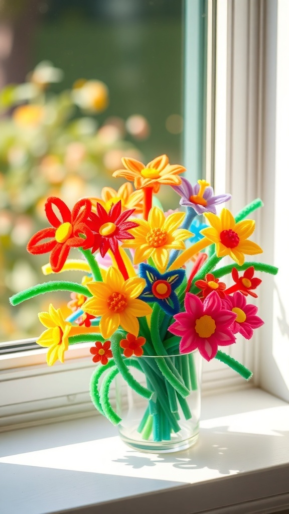 A bouquet of colorful pipe cleaner flowers in a glass vase on a windowsill.