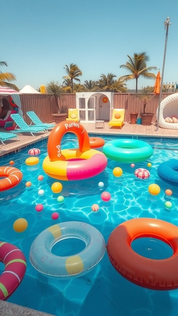 Colorful pool floats and accessories in a sunny pool setting