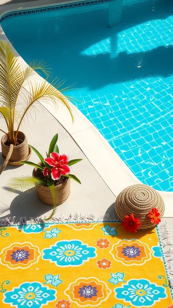 Colorful rug by the pool with flowers and plants