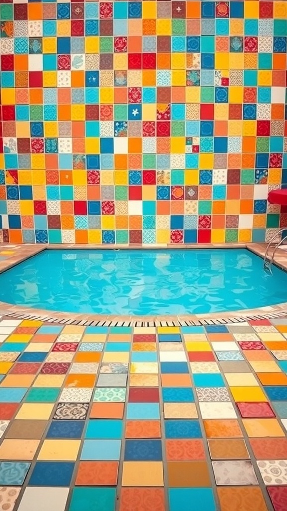 A pool surrounded by colorful tiles in a mosaic pattern.