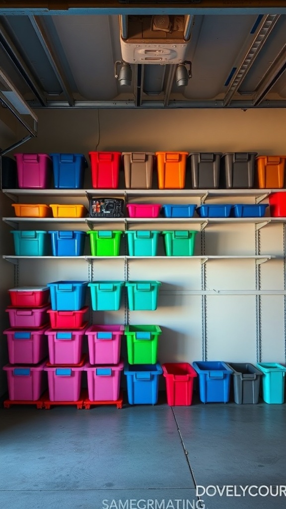 Colorful storage bins neatly arranged on shelves in a garage.