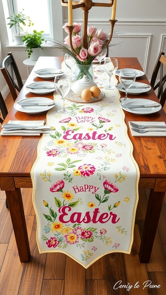 A beautifully decorated table with a colorful Easter table runner featuring flowers and the text 'Happy Easter'.