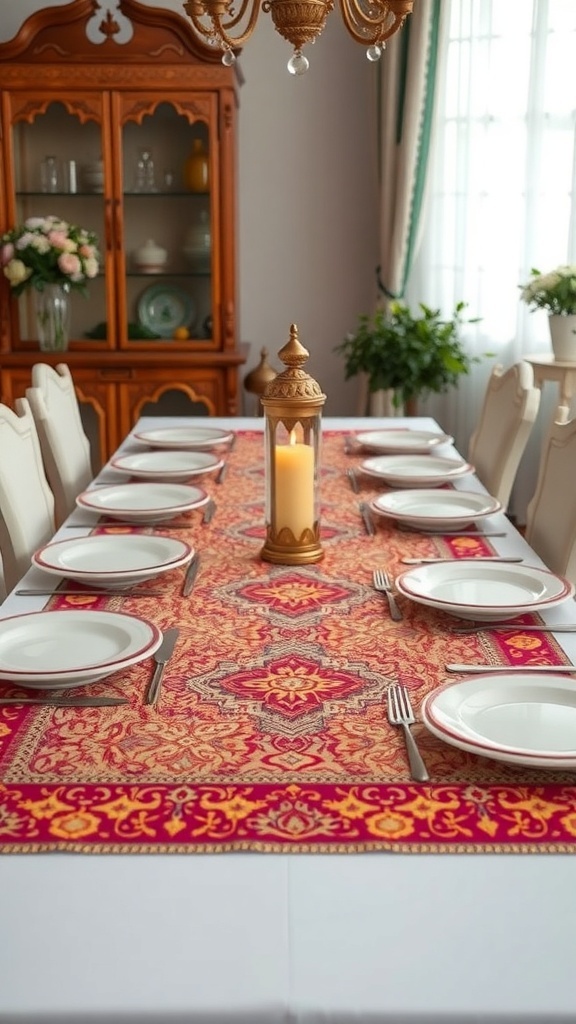A beautifully set dining table with a colorful table runner, plates, and a decorative lantern.