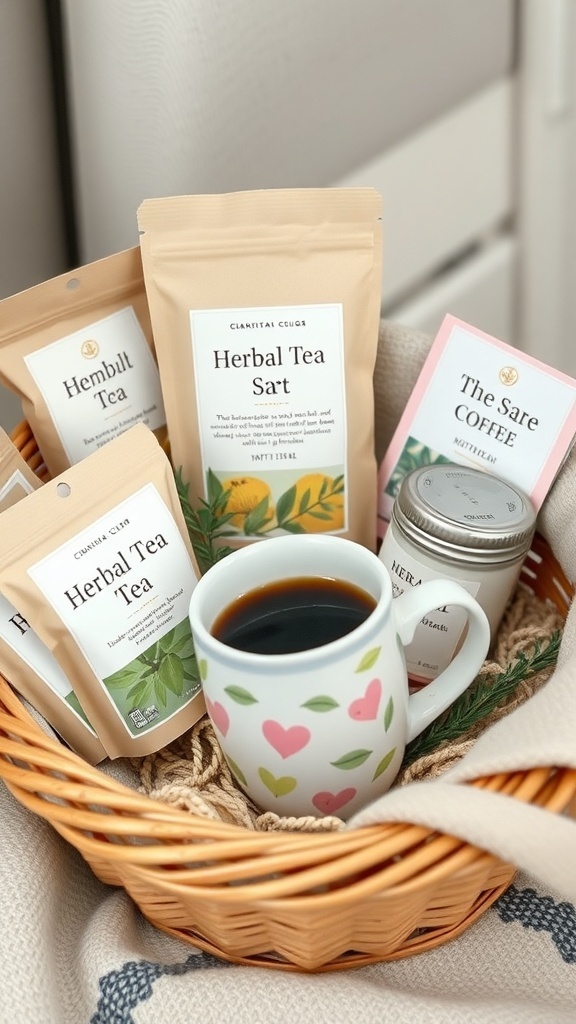 A cozy self-care basket with herbal teas and coffee, featuring a cute mug.