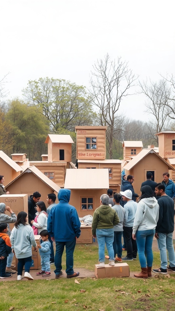 A group of people gathered around cardboard box houses in a park.