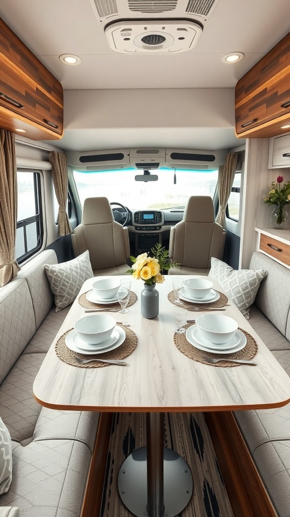 A cozy RV dining area with a table set for four, featuring light wood accents and decorative pillows.