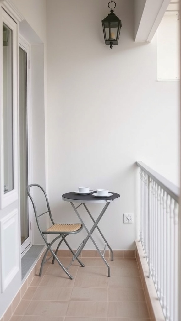 A small balcony featuring a compact dining set with a round black table and a folding chair.