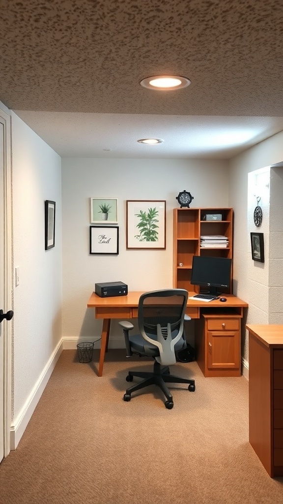 Compact home office setup in a low ceiling basement with a desk, chair, and decorative wall art.