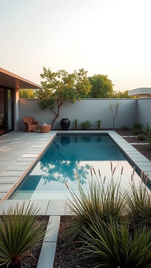 A compact infinity pool surrounded by modern landscaping in a small backyard.