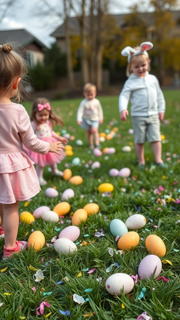 Children participating in a confetti egg hunt during spring, with colorful eggs scattered on the grass.